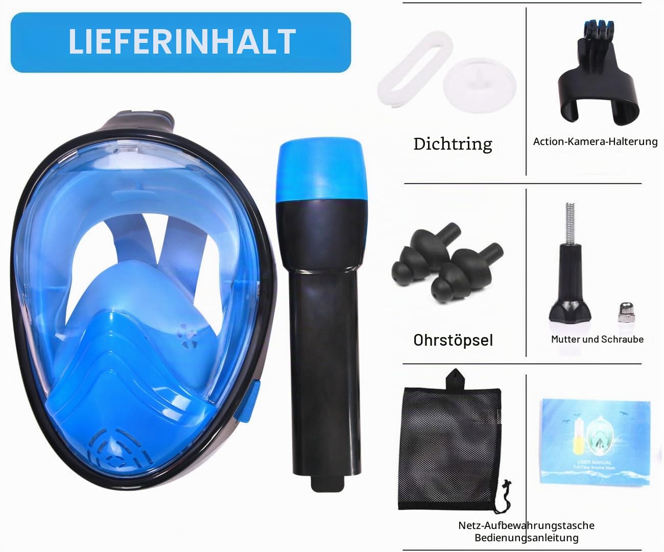 Schnorchelmaske, Tauchmaske,Schnorchel Vollmaske Anti-Fog Anti-Leck,180° Sichtfeld mit Sportkameras Kompatible Taucherbrilie für Erwachsene und Kinder