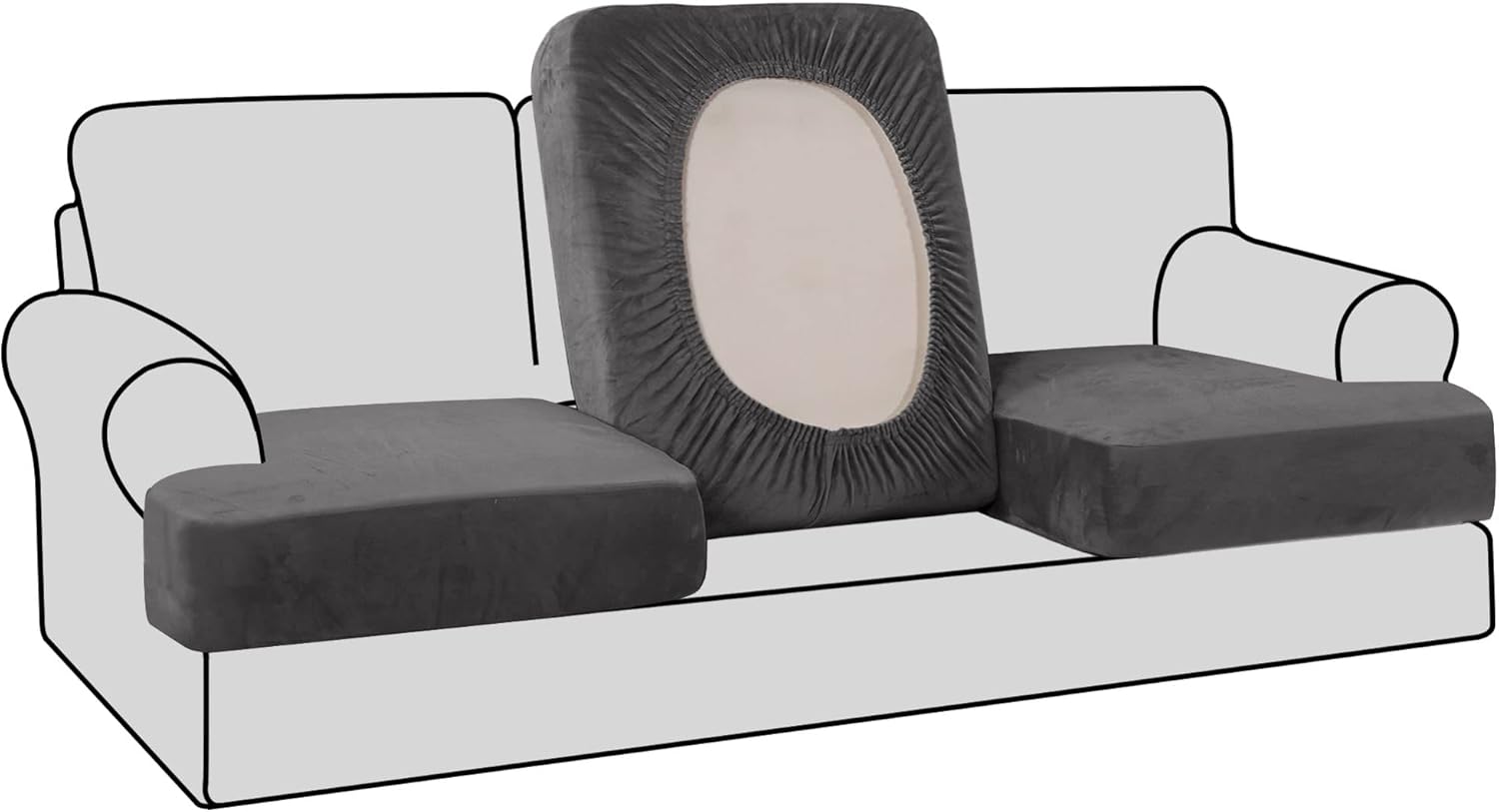 H.VERSAILTEX Stretch Velvet 3 Piece T Cushion Sofa Slipcovers Individually Sofa Cushion Covers for 3 Cushion Couch Seat Cushion Covers Stay in Place(Sofa, Grey) 3 Cushion Sofa Grey