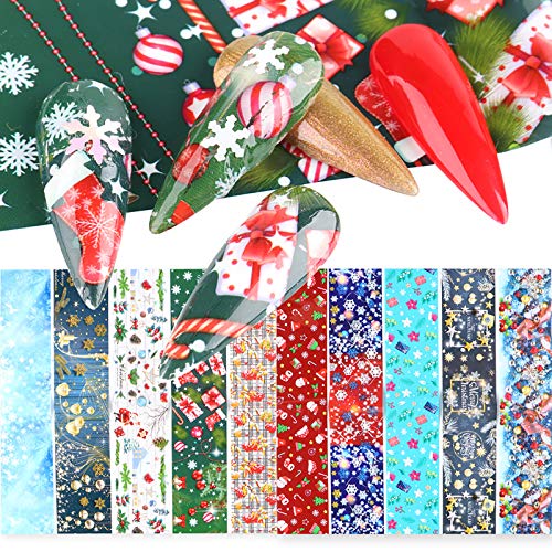 Christmas Nail Art Foil Transfer Stickers Winter Nail Foils Decals Nail Art Supplies Manicure Tips Accessories Design Xmas Tree Snowflake Snowman Santa Claus Bell Decor 10 Sheets