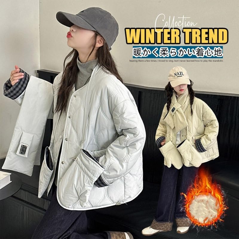 [zimumoda] 中綿ジャケット 子供 女児 綿服 パーカー 3点セット コート+手袋+マフラー 両面着用 リバーシブル チェッ