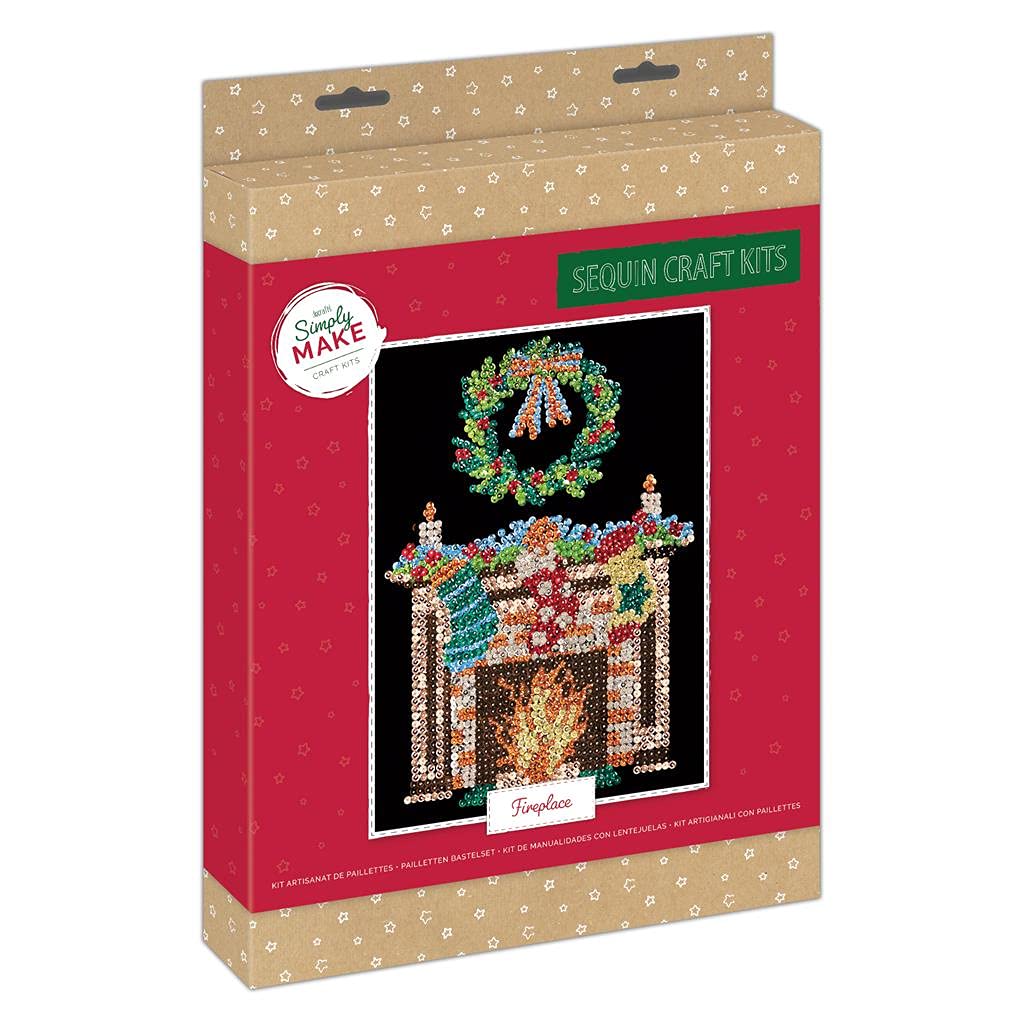 Simply MakeSequin Craft Kit - Christmas Fireplace Design for Kids and Adults, Vibrant Sequins for Mosaic Crafts, Pin Art Sequins for Crafting, Perfect for Adult Crafts - Sequin Art & Craft Kit
