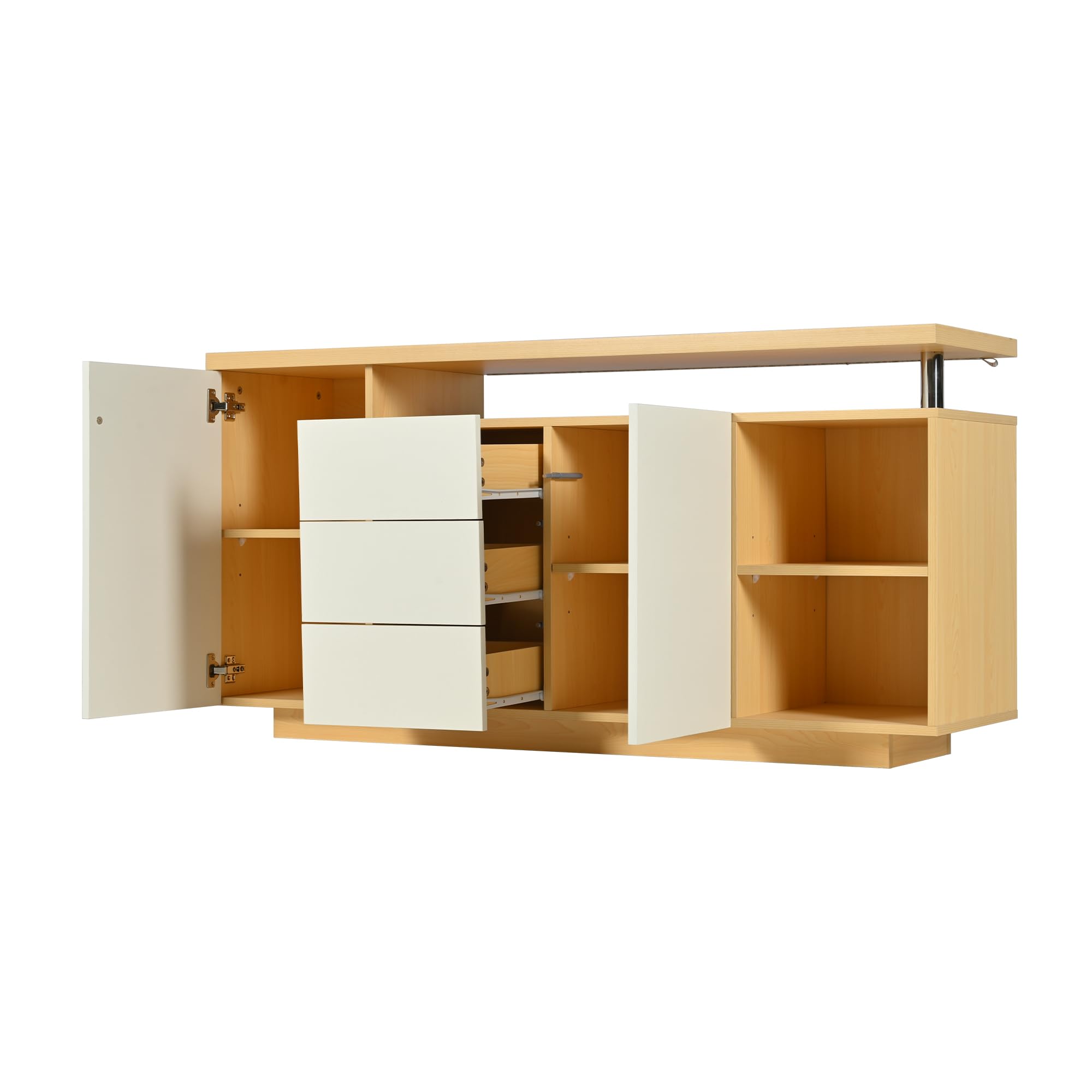 Kebnor Multifunktionales Sideboard, Länge 140 cm, weiß und Holzimitat - 2 Türen, 3 Schubladen, 2 offene Fächer, mit LED-Beleuchtung
