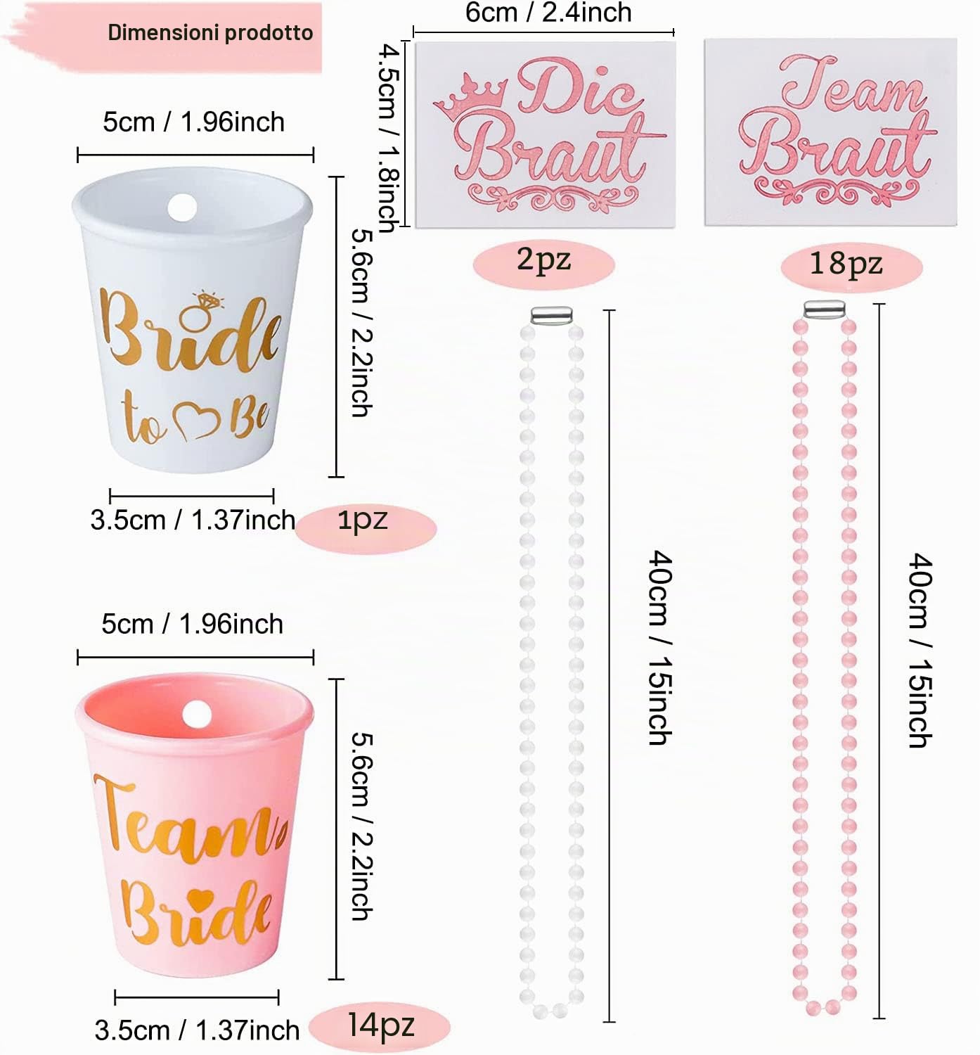 Confezione da 15 bicchierini da shot con catena, bicchierini da shot Jga, da appendere alla sposa, per collana, per addio al celibato, sposa, festa, decorazione di nozze