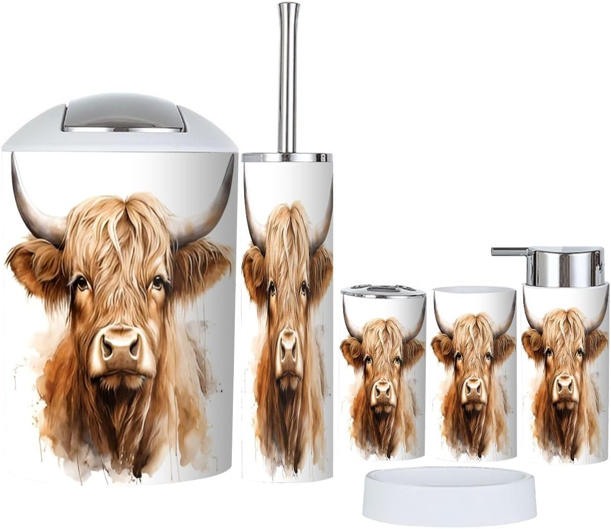 Bathroom Accessories Set 6 Pcs Baby Highland Cow Picnic Basket Sunflowers Watercolor Toothbrush Holder Cup Soap Dispenser Soap Dish Toilet Brush Holder Trash Can for Countertop Decor