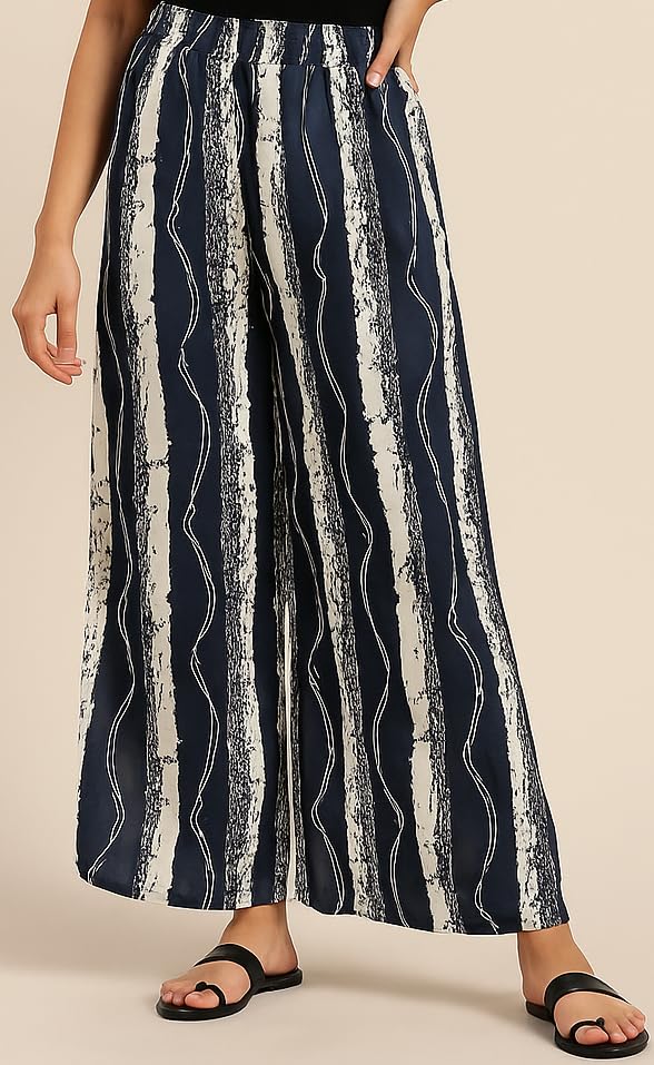 Image of PI World Printed Striped Western Mid Rise Palazzo /Trouser /Pant for Women /Girls Combo 2 (Waist 28 Inches to 36 Inches)