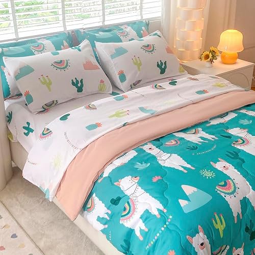 Miniatura 2 de Wajade Juego de edredón de llama para niños, cama en una bolsa, tamaño individual, 7 piezas, lindo juego de ropa de cama de alpaca con plantas