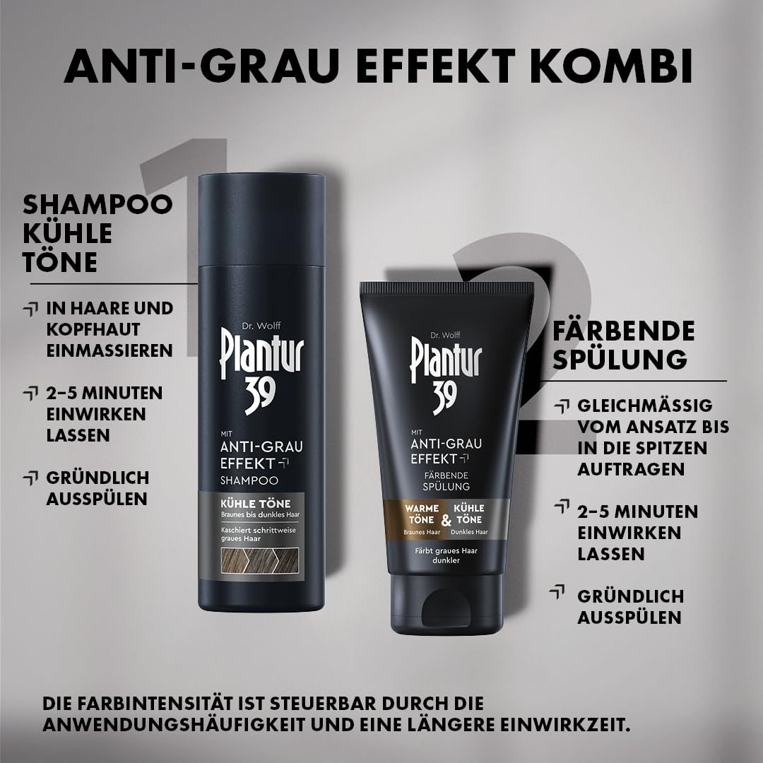 Plantur 39 Anti-Grau Effekt - Set aus Shampoo 200 ml und färbender Spülung 150 ml - Für kühle Töne und dunkles Haar - Kaschiert schrittweise graues Haar und färbt dunkler