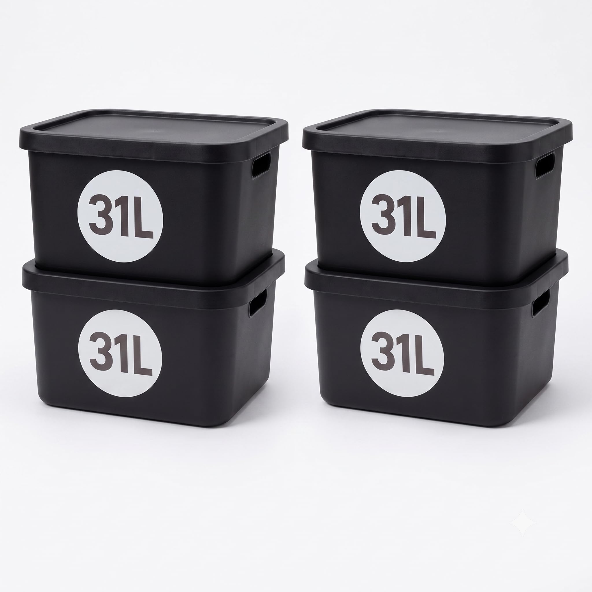 Plastard Aufbewahrungsbox mit Deckel 4er-Set 31 Liter in Schwarz | BPA-Freie Ordnungsbox für Küche, Bad, Büro, Kinderzimmer, Robuste Stapelbare Kunststoffbox, 46 x 34 x 26 cm, Ordnungskiste