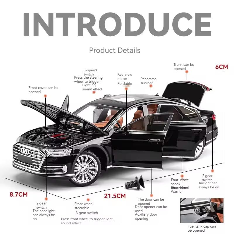 Image of Invite Enterprise 1:24 Audi A8 Luxury Car Alloy Model Car Toy Diecast Sound Light Car Toys Vehicle【Color as per stock】