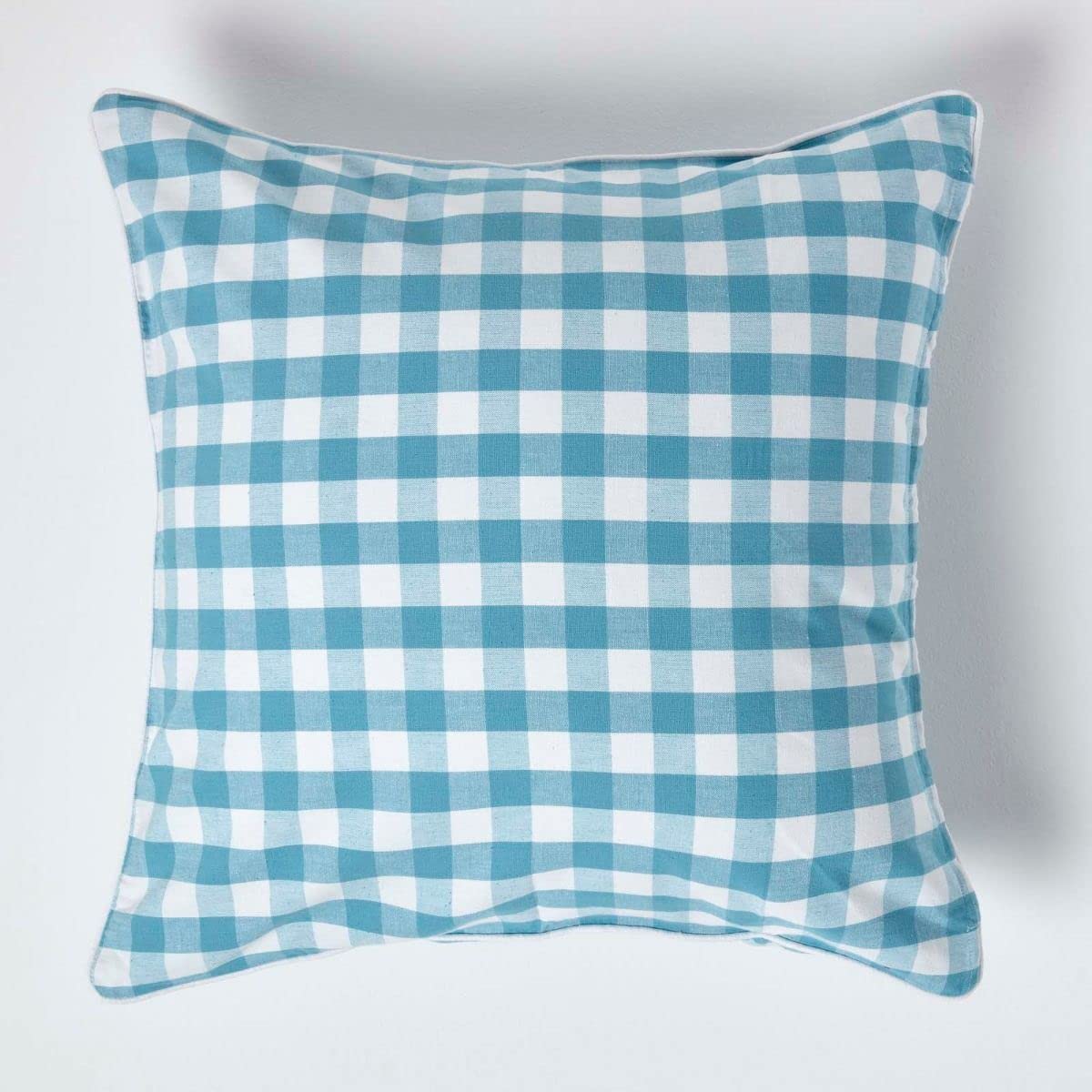 Homescapes Unisex Blue Block Check Cotton Gingham Cushion Cover In | Size: 60Cm X 60Cm