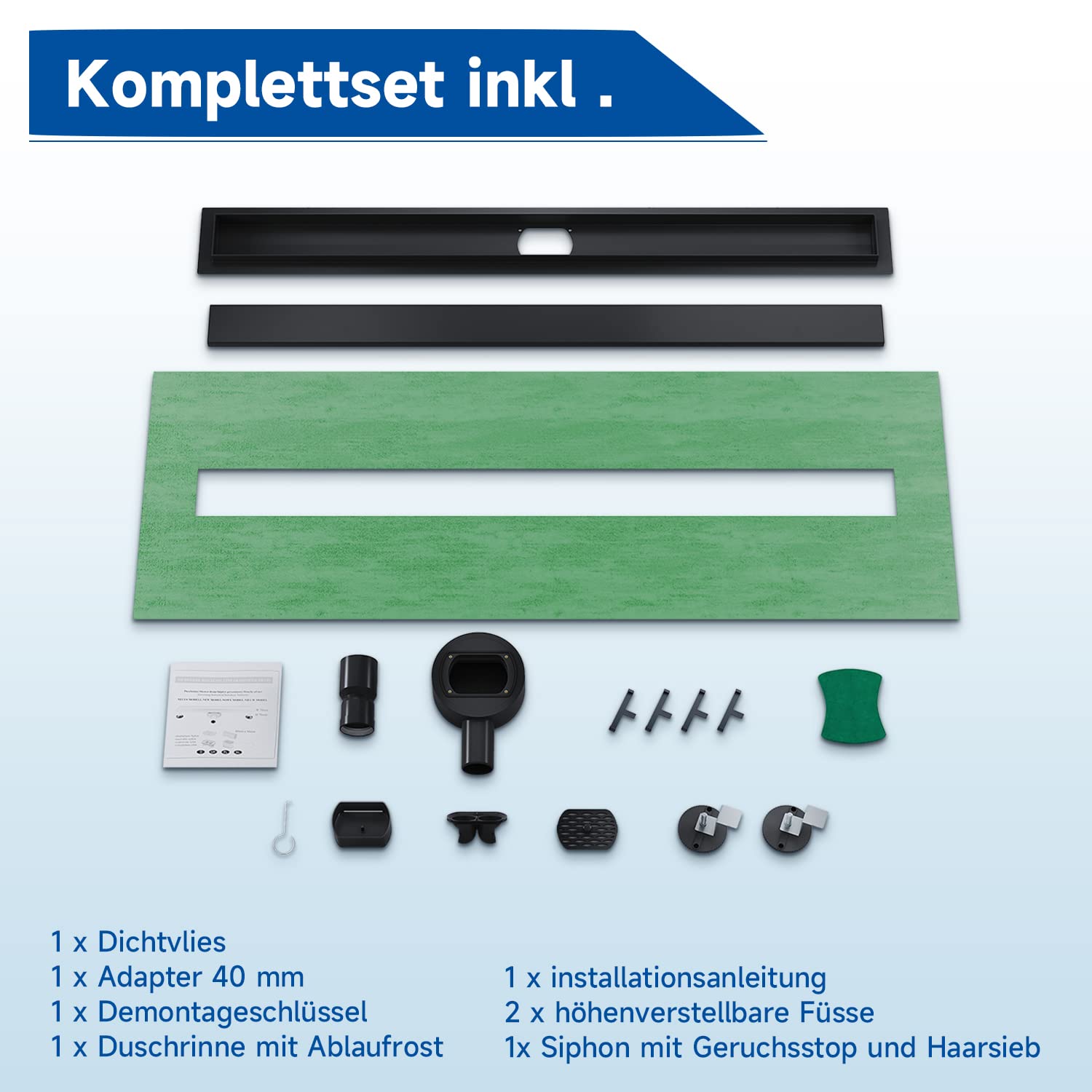 Duschrinne 80cm Edelstahl 360 verstellbar mit Siphon und Haarfilter für Badewanne, Küche und Balkon