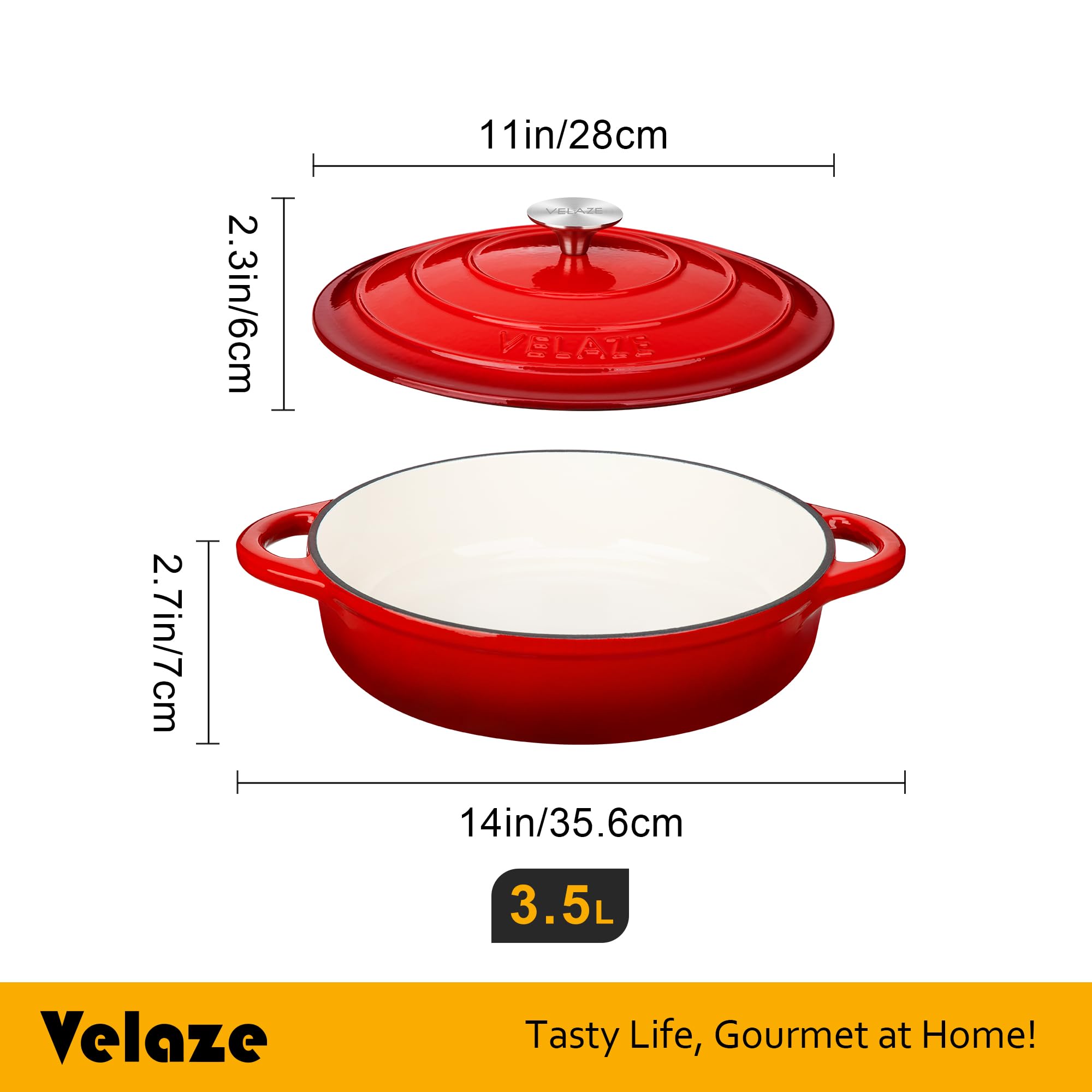 Velaze Casseruola in Ghisa, Pentola a Induzione per Stufati e Brasati, Cocotte Casseruola con Coperchio in Rivestimento Smaltato, Forno Olandese, Rosso, Rotondo - 28cm, 3.5L
