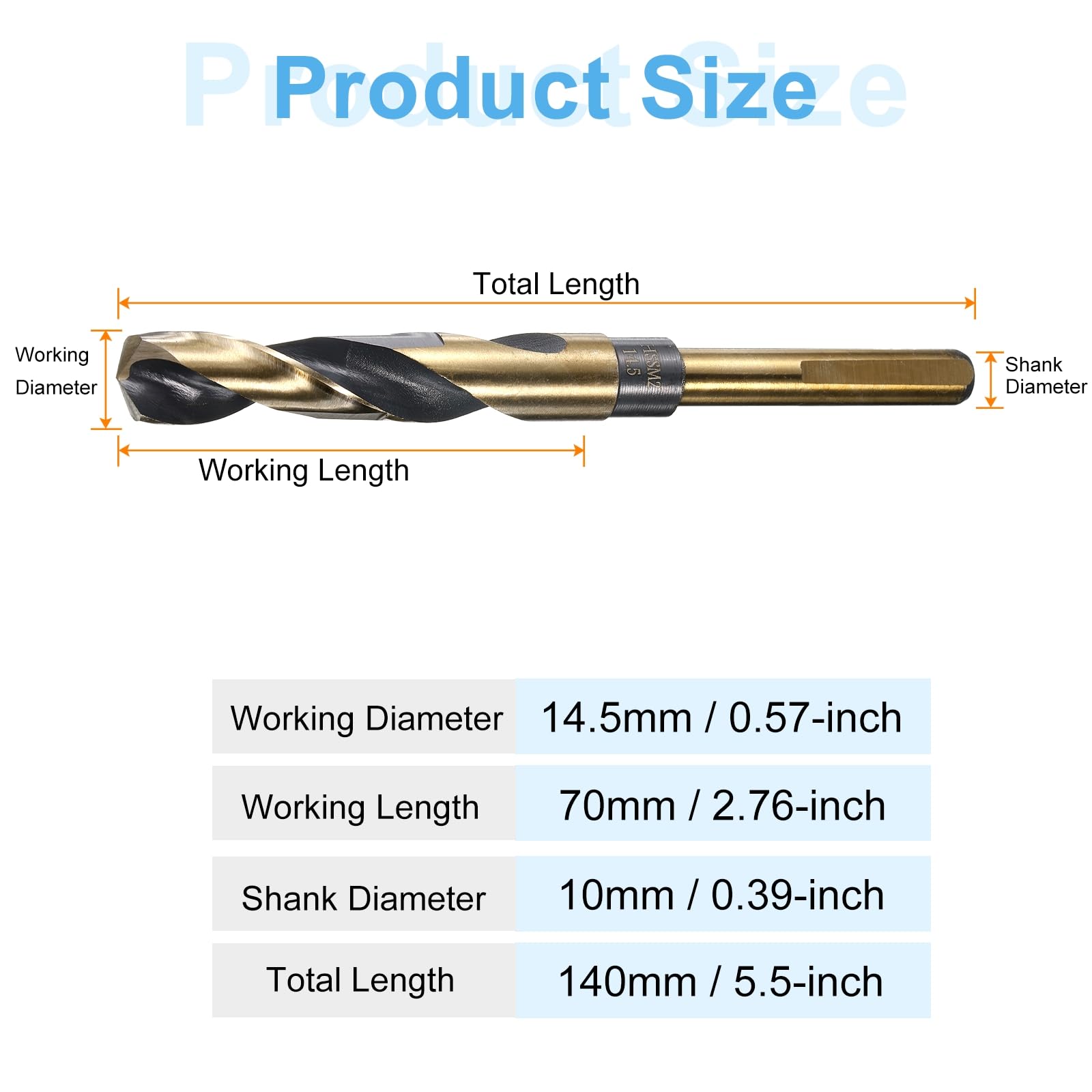 QUARKZMAN M2 HSS Spiralbohrer 14,5mm, Schaftdurchmesser 10mm, Cobalt Metallbohrer Länge 150mm Bohrer für Edelstahl, Kupfer, Holz, Schwarzgoldbeschichtung