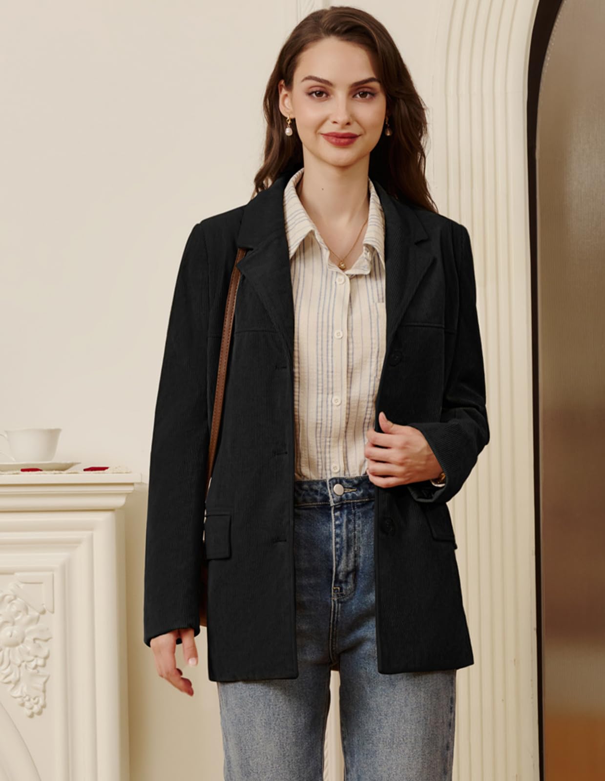 Belle Poque Blazer d'hiver en velours côtelé à manches longues avec revers cranté pour femme, idéal pour le travail, le bureau