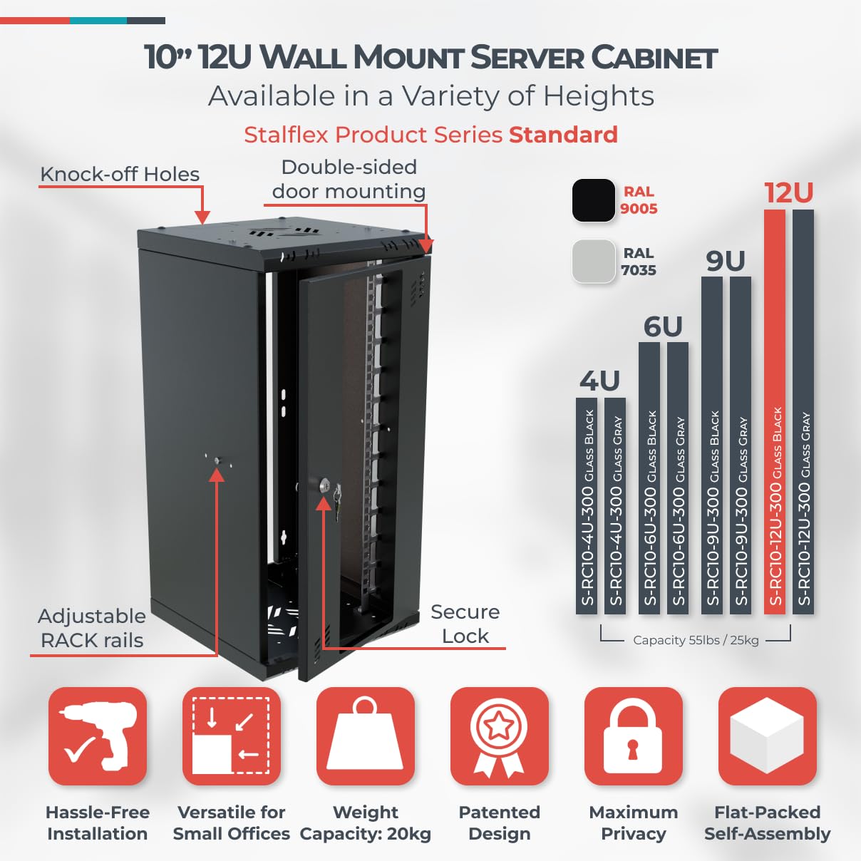 Armadio di Rete 10 Pollici - Armadio Rack 12U - Server Rack per Montaggio a Parete - Capacità di Carico 25 kg - Rack 10 Pollici Verso la sala Server, l'ufficio - Nero