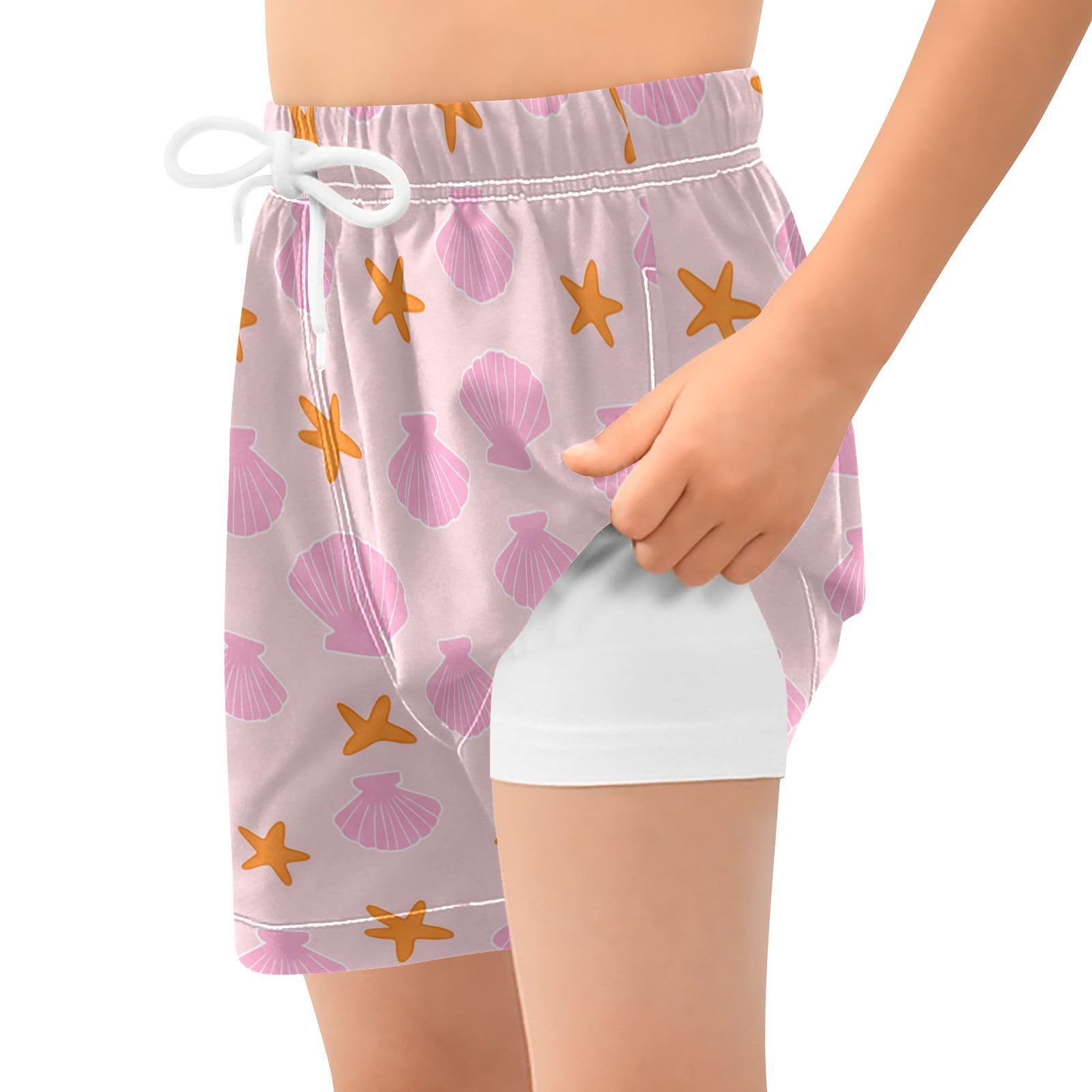 YANENDIE Boy Swim Trunks with Compression Liner Pink Seashells Boys Swim Shorts Quick Dry Beach Shorts