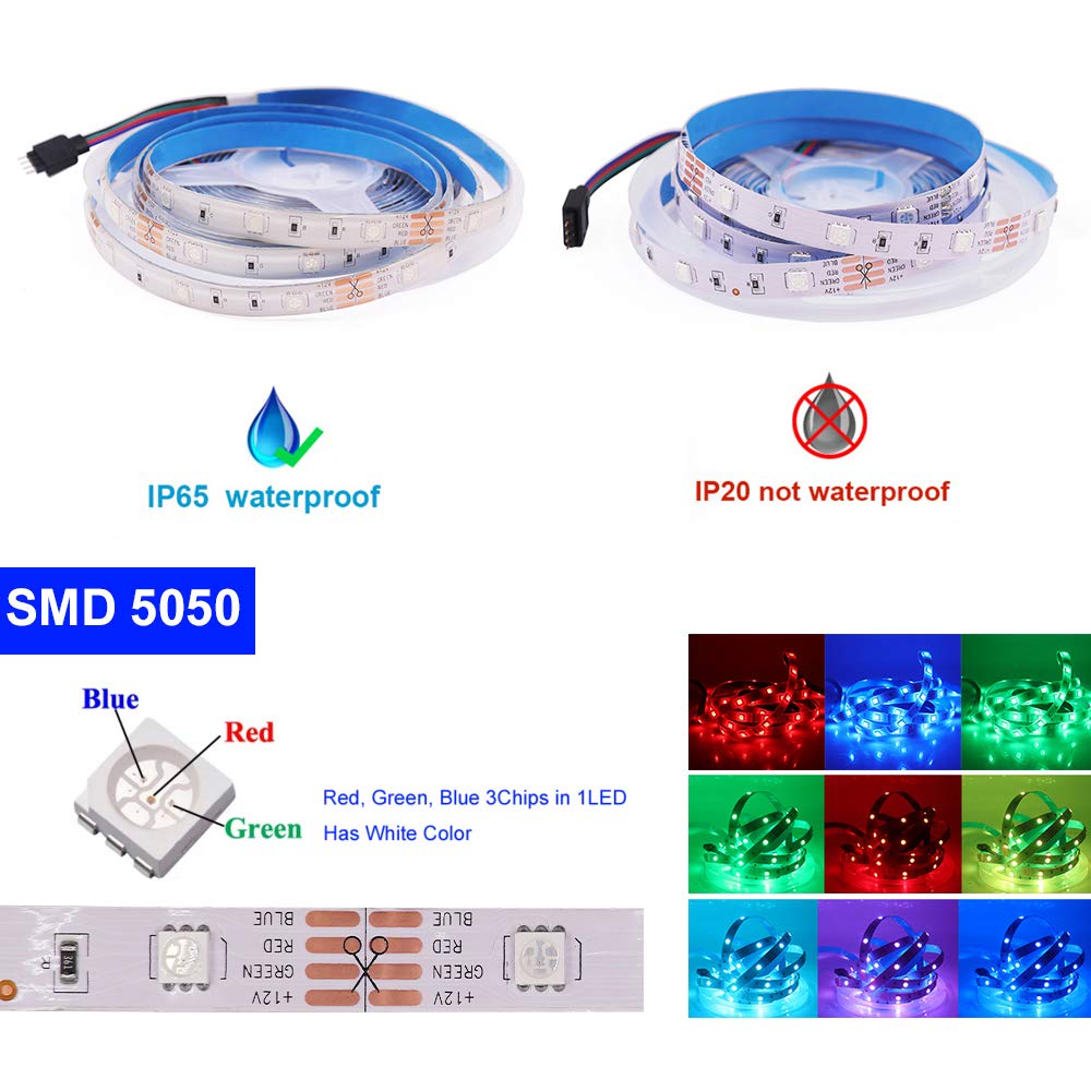 XUNATA Kit de tiras de LED RGB de 12V- Tira de luz autoadhesiva SMD 2835 30LEDs/m, Control Remoto 24 teclas, Fuente de alimentación de la UE (20m, Impermeable)