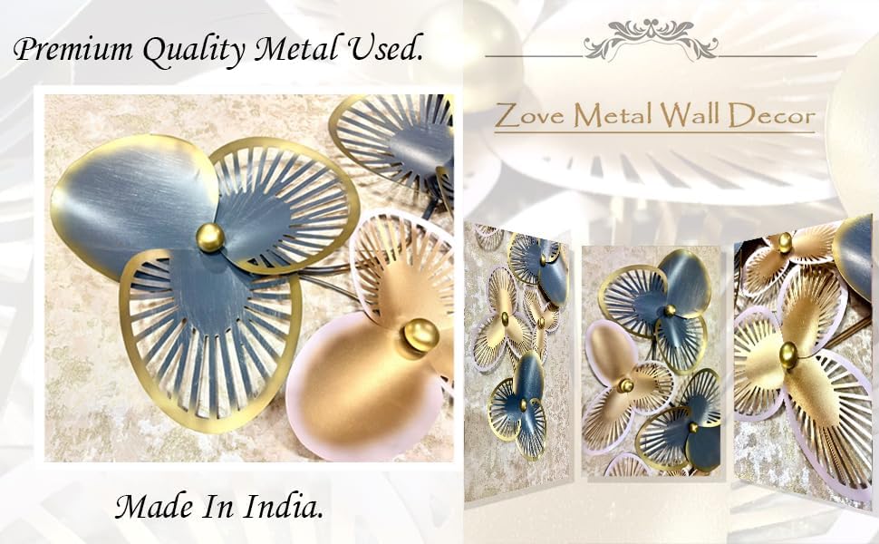 Image of ZOVE Metal Clover Leaf Wall Decoration - 3D Wall Art Hanging Sculpture | Elegant Metal Wall Decor for Living Room, Bedroom & Hotel Interiors | 48 x 25 Inch