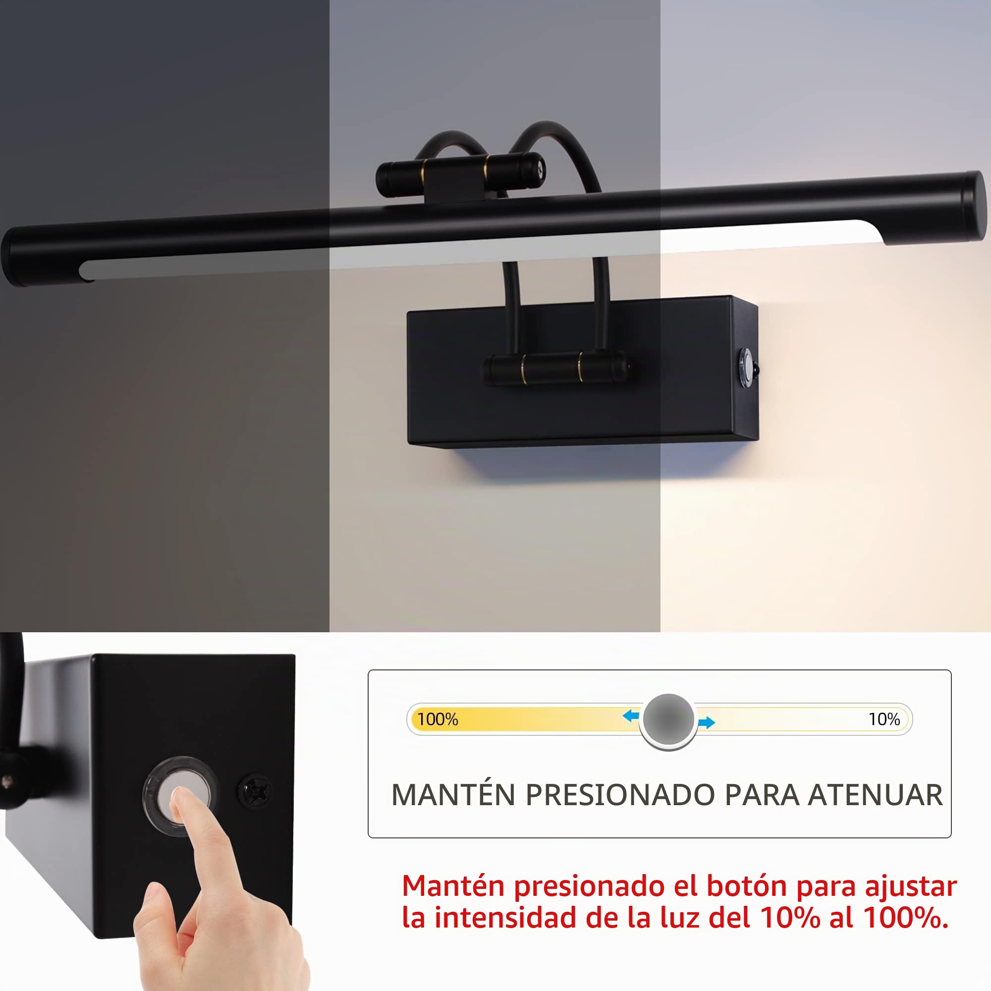 MantoLite LED Regulable Lámparas de Pared 10W,40CM Interior Iluminación para cuadros y expositores Cabeza Giratoria Lectura Lámpara,Negro Baño Espejo Apliques de Pared 3000K/4000K/6000K
