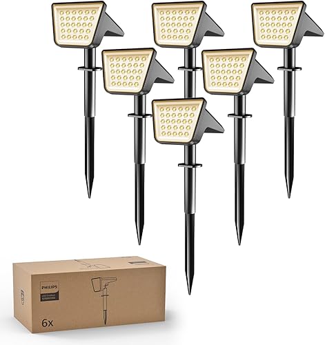 Miniatura 13 de Philips Paquete de 4 focos solares impermeables para exteriores, 28 LED de 7500 K, luces solares para caminos de paisaje, del atardecer al amanecer,