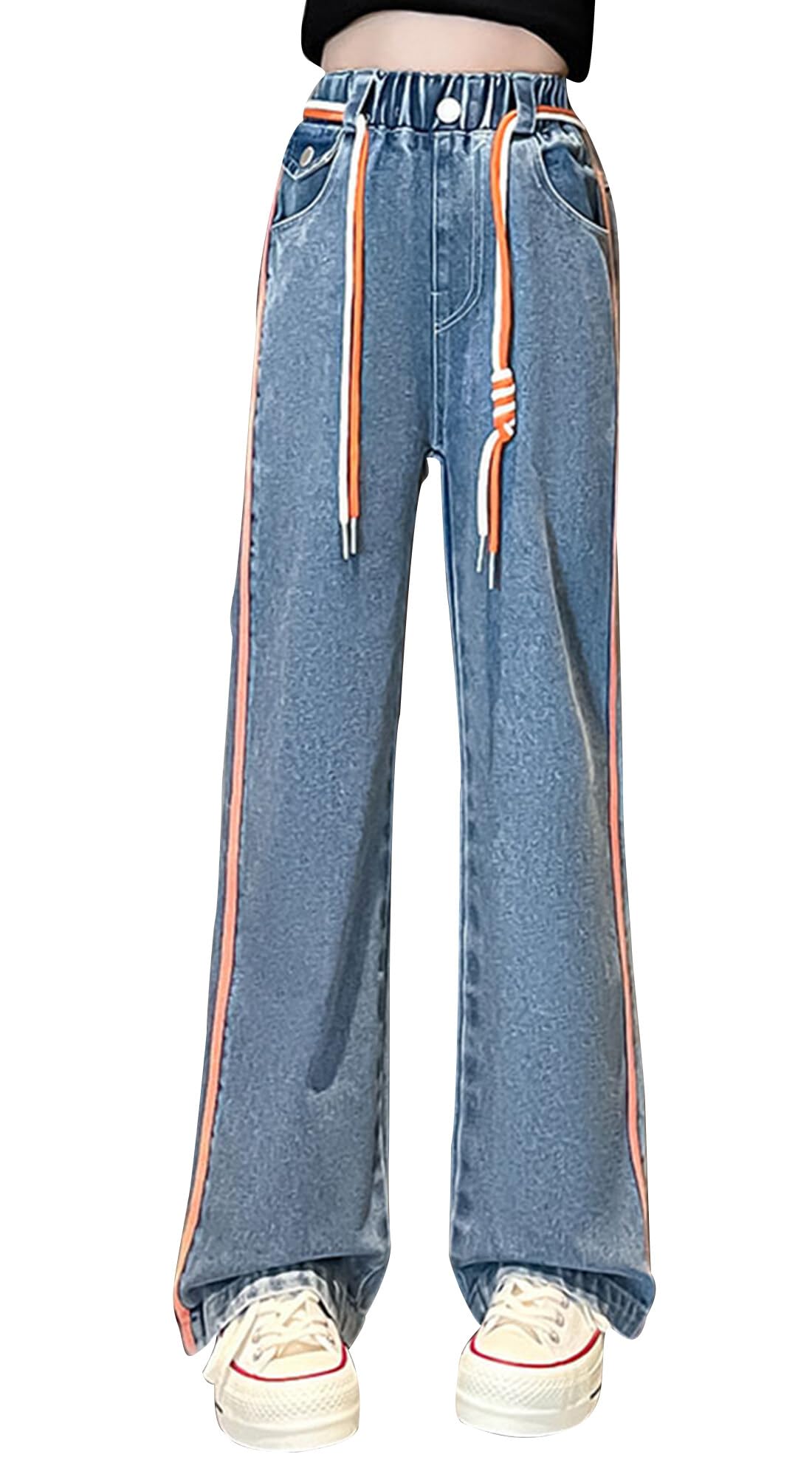 SEAUR Meisjesjeans, hoge taille, baggy broek, brede pijpen, bootcut, jeansbroek, gescheurd gat, vintage Y2K denim jeans, lang met elastische tailleband, 5-15 jaar, 140-146