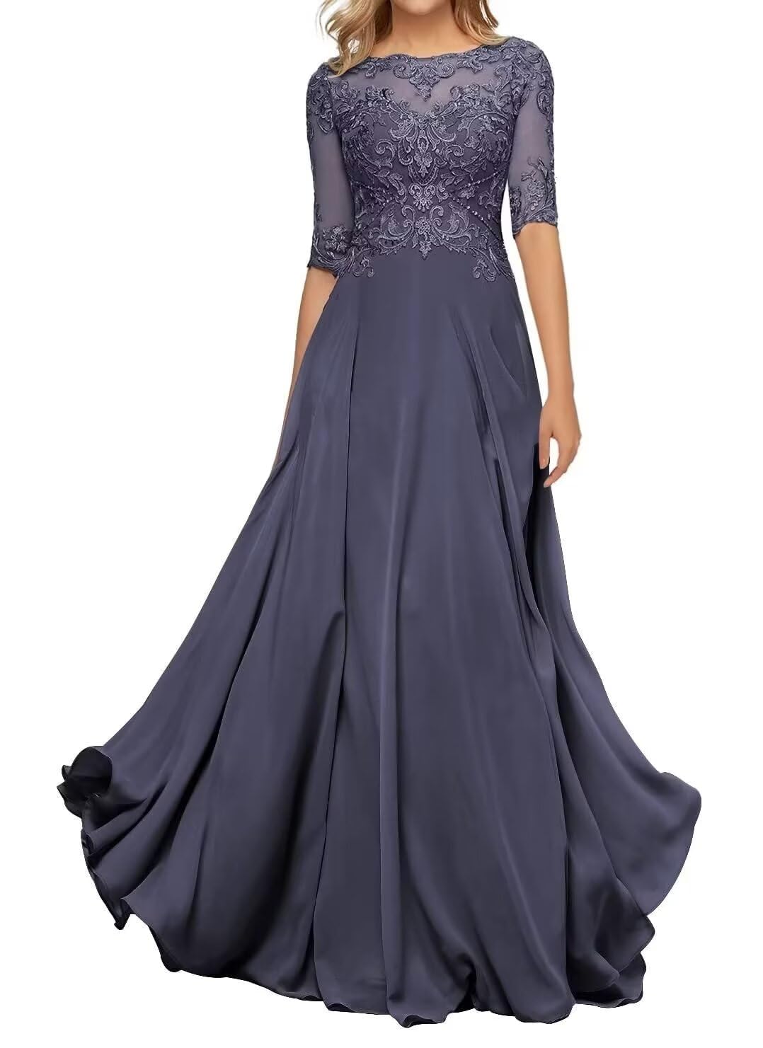 Sincemeet Abito da Madre della Sposa in Chiffon di Pizzo da Donna Abito da Sera Formale con Maniche a 3/4 Un Abito da Ballo di Linea