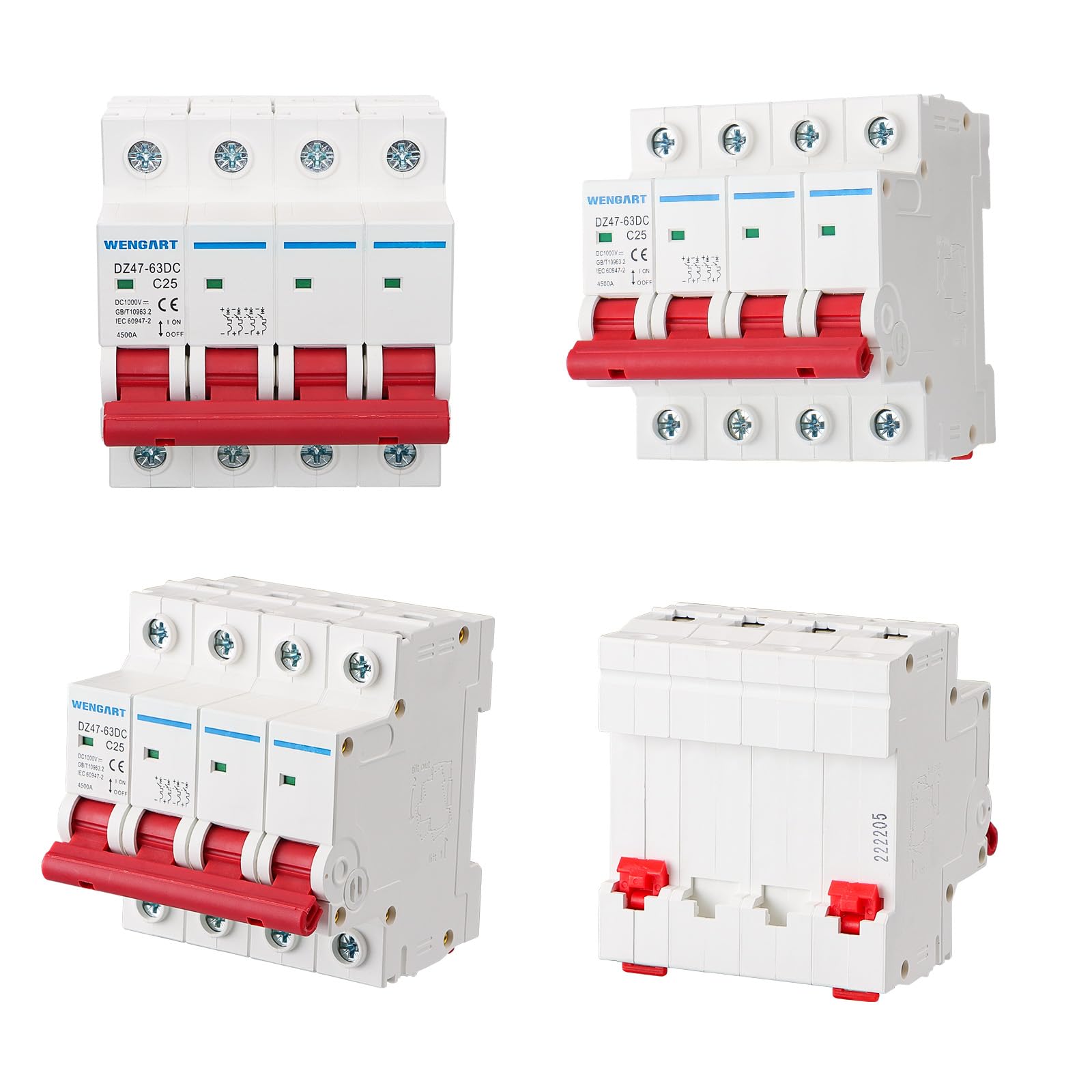 Wengart Interruttore Magnetotermico DC 4 Poli, 1000V 25A, Sezionatore Fotovoltaico per Alta Tensione, Protezione Stringa Solare e Batterie, Interruttore Automatico Professionale per Impianti Off-Grid
