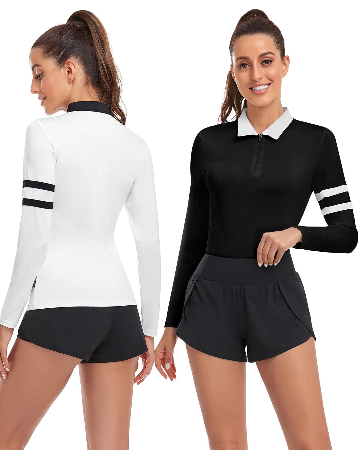 Soneven Polo Femme Manches Longues Sport t-Shirts Manches Longues Golf Tops 1/4 Zippé Séchage Rapide Fitness Hauts