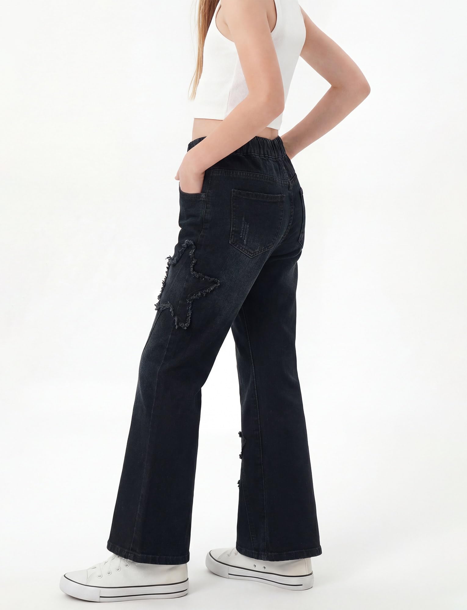 Maeau Jeans à Jambe Évasée étoile pour Fille, Mode Pantalon Flare Élastique, Jeans Denim Slim Extensible Décontracté, avec Poche, Doux Confort, Printemps L'été Automne, Taille 120-170/4-14 Ans