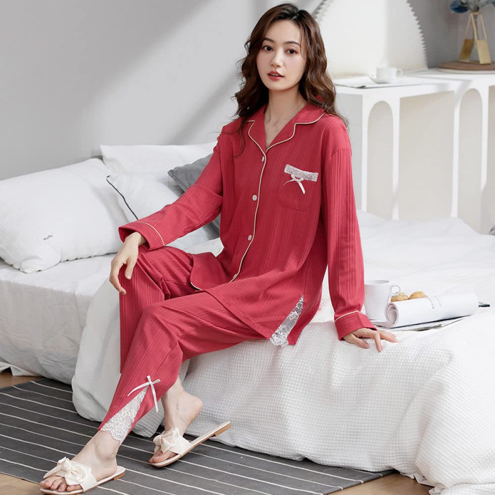 Pijamas Mujer Invierno,Conjuntos De Pijama para Mujer Botón De Solapa De Algodón Rojo Bolsillo con Lazo De Encaje Acogedor Y Cálido Manga Larga Pjs Top & Amp; Conjunto De Fondo Ropa De Salón Ro