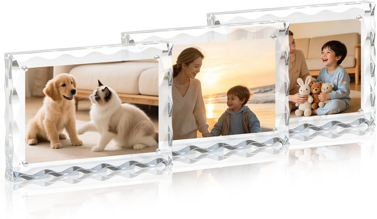 5x7 Inner Size Water Ripple Edge Acrylic Picture Frame, 3 Pack Magnetic Double-Sided Photo Frame, Overall Outer Size 6x8 Inches, 24mm Thick Crystal Clear Freestanding Tabletop Display Block
