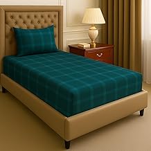 Premium Cotton Elastic Fitted Bedsheets with 1 Pillow Covers |Floral Printed Single Bed Elastic 220 TC Supersoft Breathable & Wrinklefree | for 72x36+6 Inches, Striped Printed Dark Green