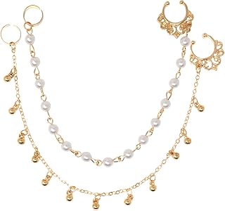 2PCS Fashion Nose Ring with Chain Nose to Ear Chain with Tassel Pearl Fake Septum Ring Non-Piercing Nose Ring Indian Belly Dance Party Nose Accessories Body Jewelry for Women