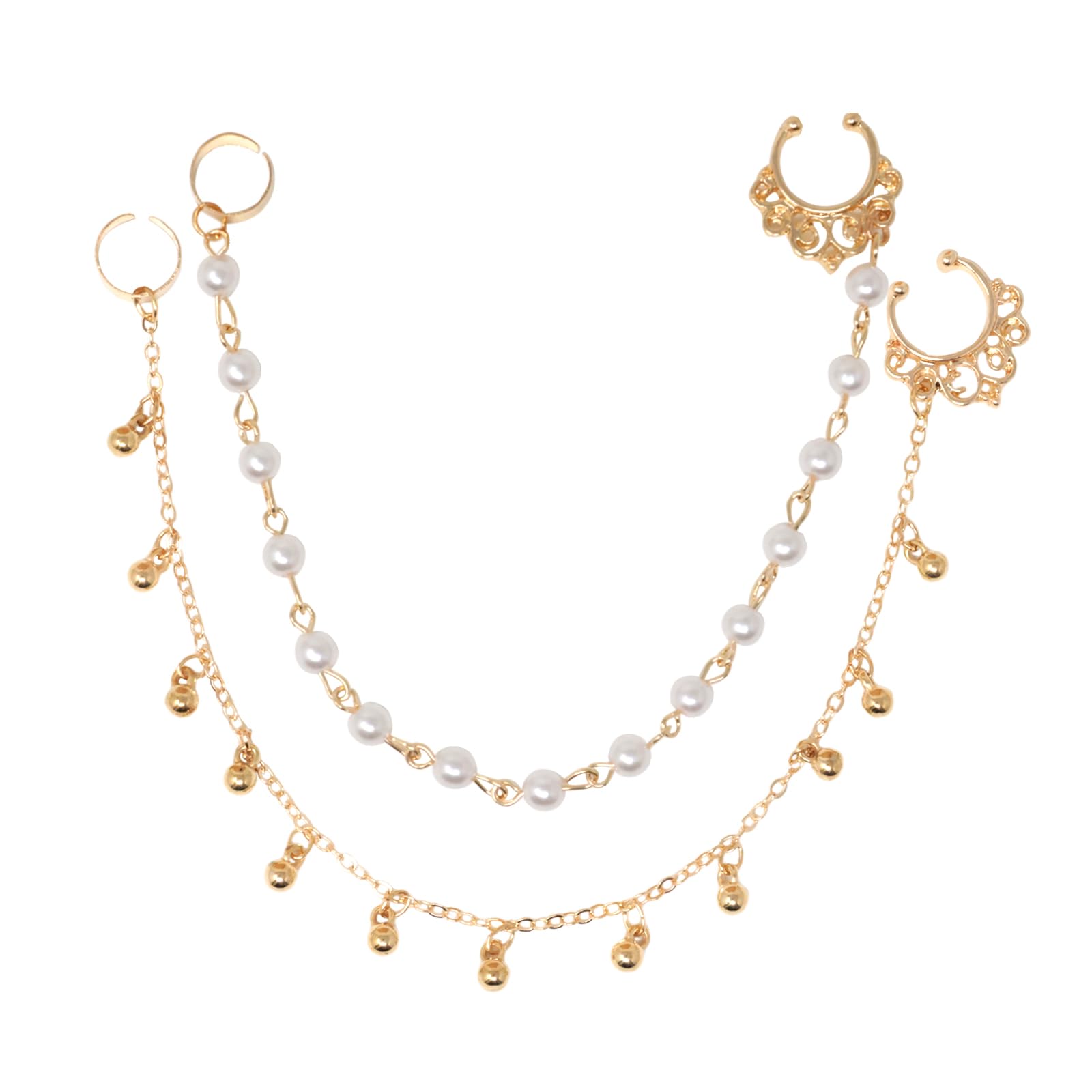 Honbay 2PCS Fashion Nose Ring with Chain Nose to Ear Chain with Tassel Pearl Fake Septum Ring Non-Piercing Nose Ring Indian Belly Dance Party Nose