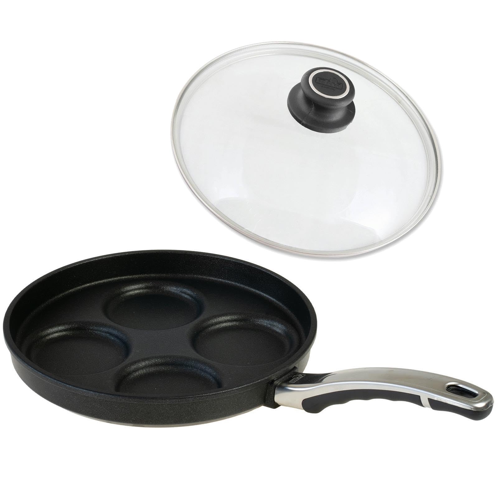 BAF Eierpfanne Induktion 26 cm mit Glasdeckel - Pancake Pfanne mit 4 runden Formen je Ø 8 cm - Aluminiumguss antihaftbeschichtet - für alle Herdarten - Made in Germany