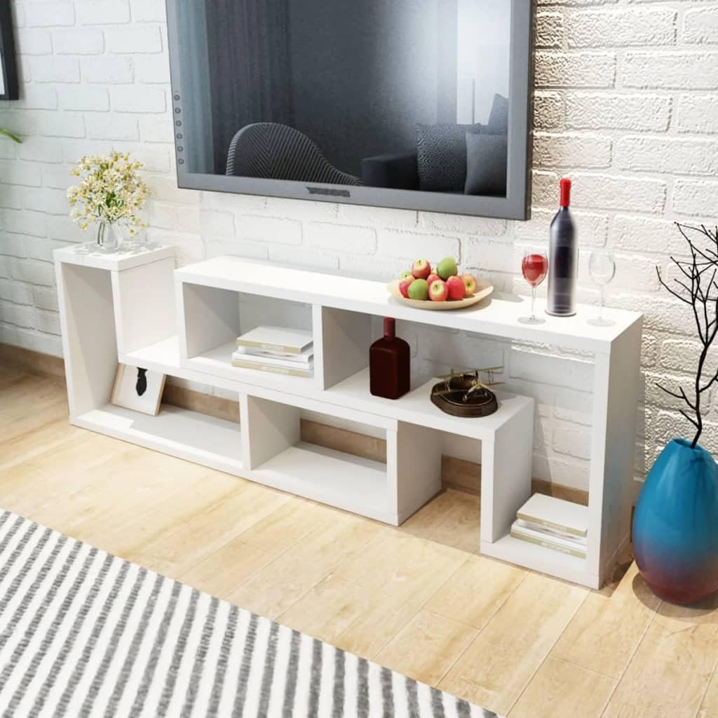Mueble doble para TV en forma de L, color blanco, con 2 estantes en forma de L para mucho espacio y configuración flexible