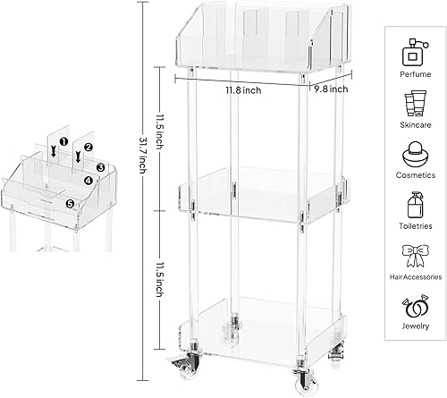 Miniatura 3 de Organizador de maquillaje acrílico, carrito de almacenamiento de 3 niveles, organizador de maquillaje con ruedas, soporte para cosméticos para el