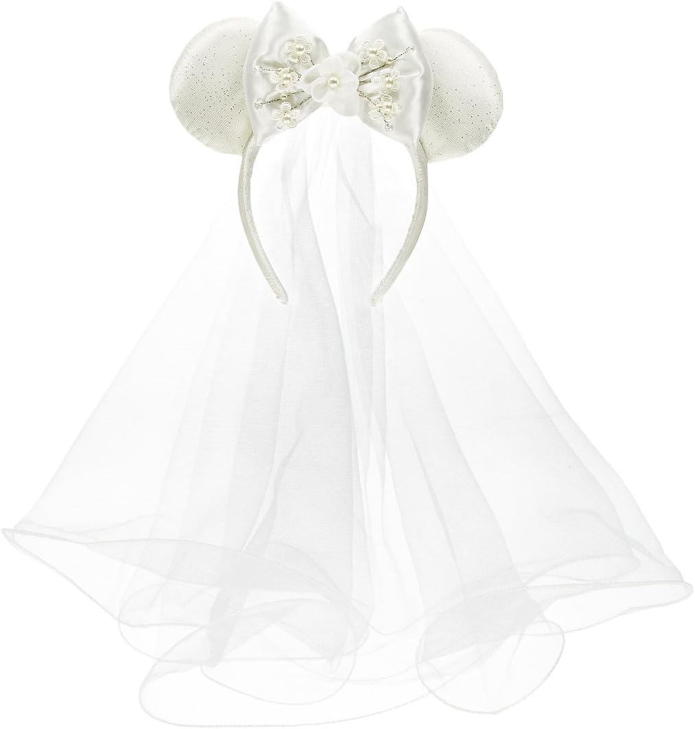 Disney Parks Minnie Mouse Mickey Ears Bride Veil Headband with Bow Faux Pearls Flowers