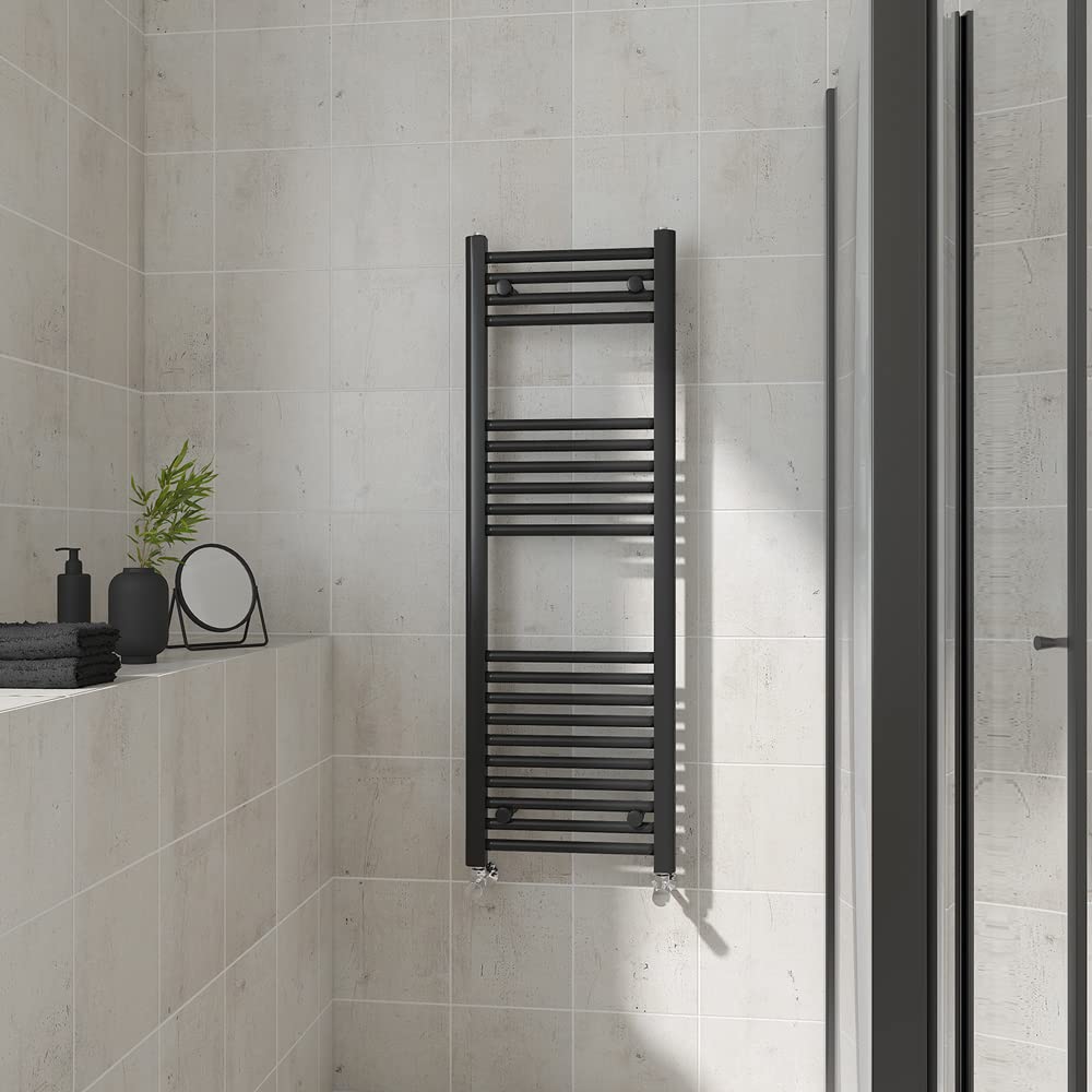 (Straight, 1200X400mm) Warmehaus Heated Towel Rail Black Bathroom Ladder Style Radiator Central Heating 5063021956805
