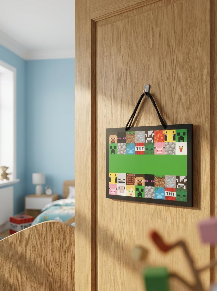 Minecraft Plaque de porte personnalisée avec autocollants de l'alphabet, panneau de nom personnalisé pour chambre à coucher ou salle de jeux, décoration officielle Minecraft 23 x 17 cm avec crochet