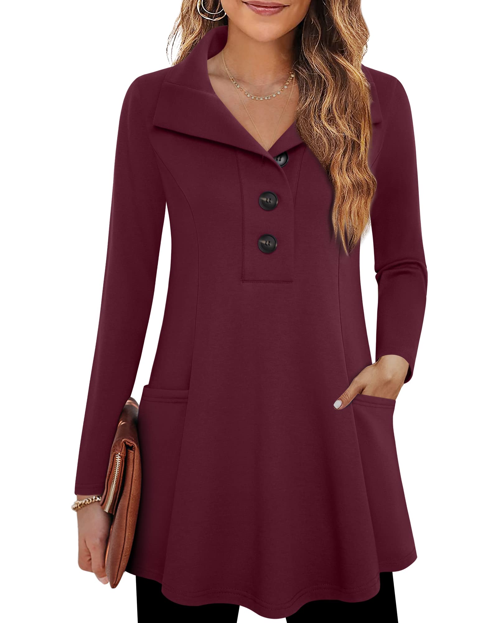 Timeson Women's Long Sleeve Button Collar Tunic Sweaters Casual Ladies Sweatshirts with Pockets