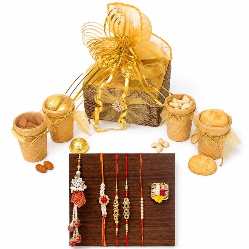 Giftrend Rakhi Dry Fruits Gift Hamper Delights Eco Friendly Edible Cups for Brother | Raksha Bandhan Dry Fruits and Chocolates Basket with 5 Rakhis-image-33