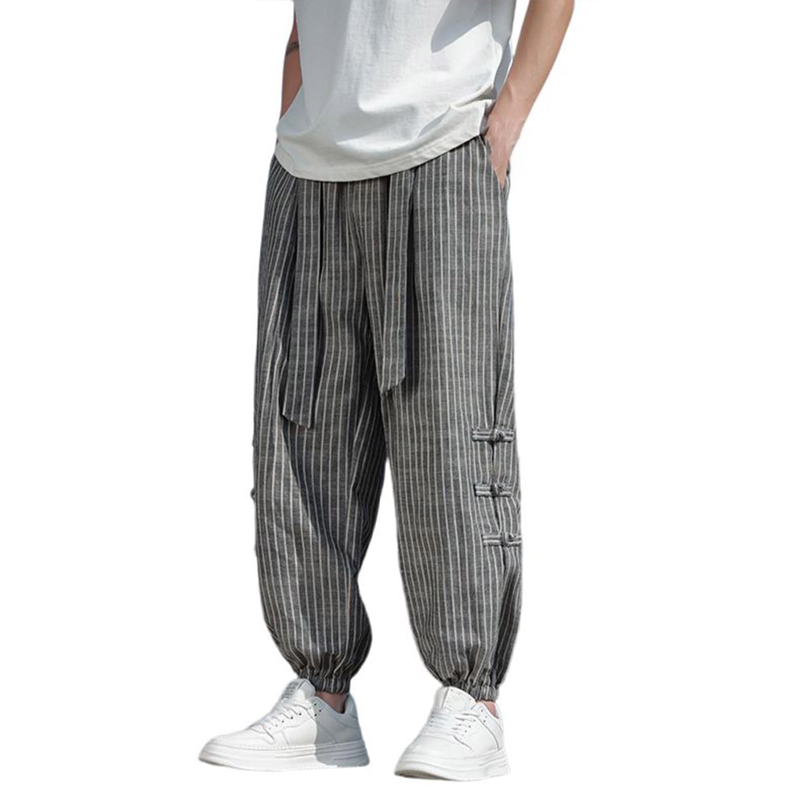 Generico Pantaloni Lino Uomo Pantalone Leggero Primavera Estate Largo A Righe Jogger in Lino Comodo E Traspirante Pantaloni Casual Uomo Estivi