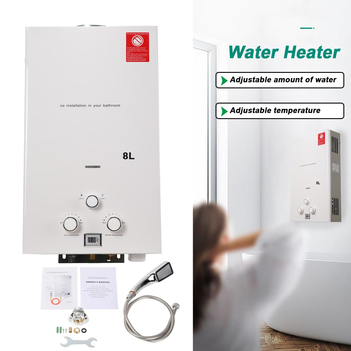 8L 16KW GPL Scaldabagno a Gas, Gas a Parete senza serbatoio Scaldabagno istantaneo,con kit doccia e Display a LED,con Modalità Inverno ed Estate,Per Casa, Camper ed Esterni,bianco