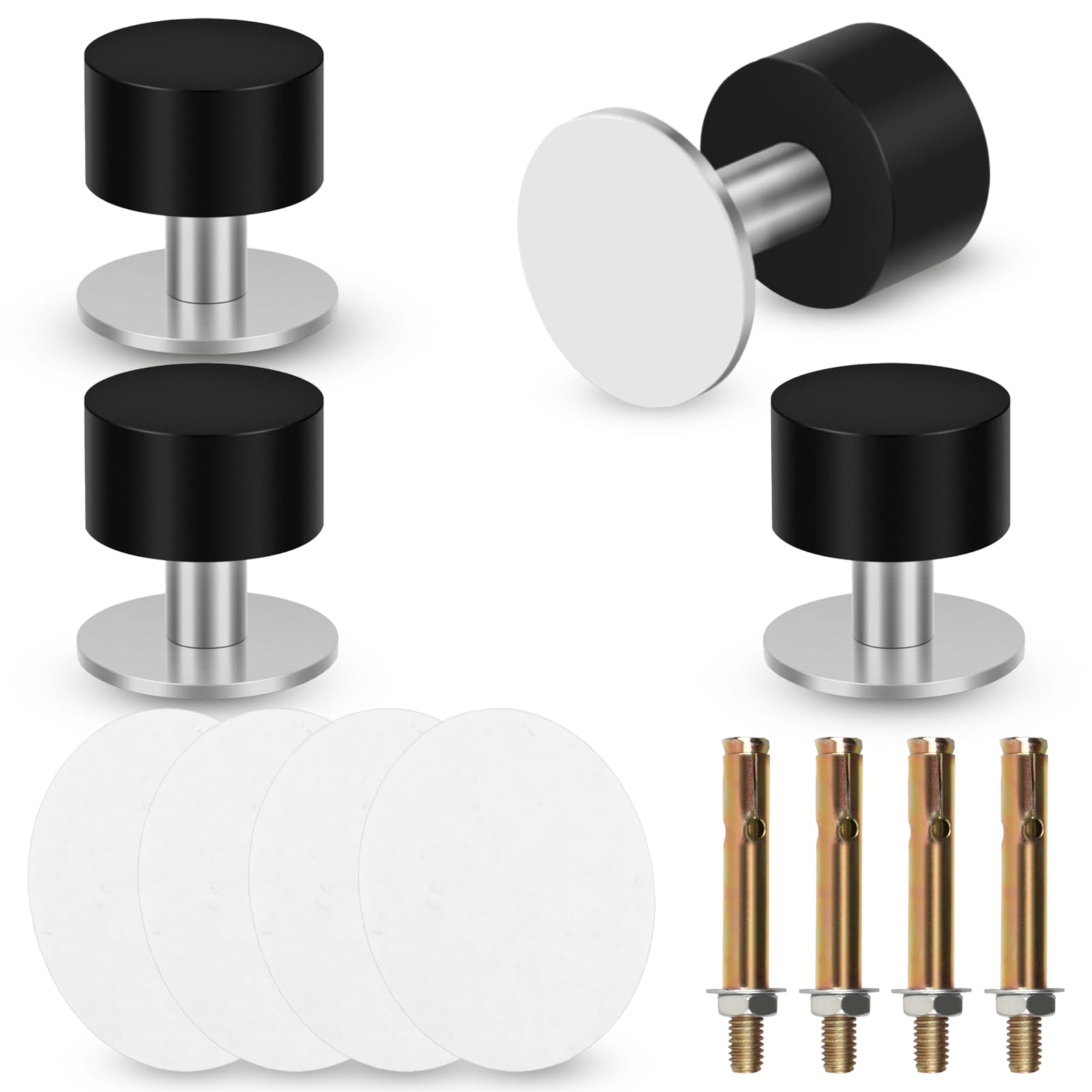 MINGBOLIN 4 Pack 40mm Stainless Steel Rubber Door Stop, Self Adhesive & Screw Fix Door Stopper, Brushed Finish Heavy Duty Doorstop for Wall Protection, No Drill Doorstops for Home & Office (Silver)