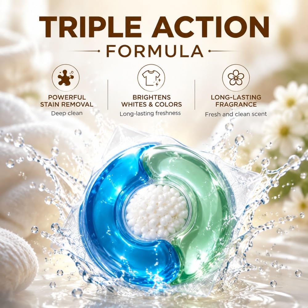 Capsule for bucato 3 in 1 Pulizia profonda e profumo di lunga durata 60 | Formula 3 in 1: pulisce in profondità le macchie, ammorbidisce e profuma di fresco