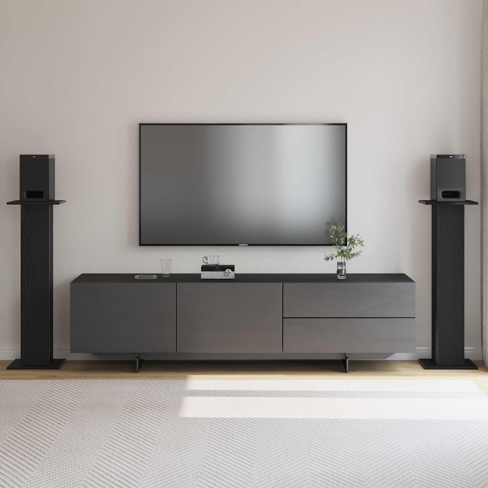 Set di 2 supporti per altoparlanti, colore nero, effetto rovere