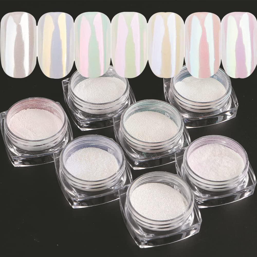 7 Boxes Powder High Gloss Glitter Nail ArtMirror Effect Aurora Magic Pearlescent White Nail Powder Pigment