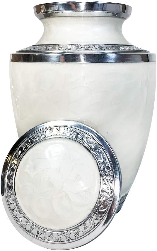 White Large Size Adult Urn for Ashes, Memorial Cremation Urns with Custom Engraving, Matching Keepsake and a Velvet Bag