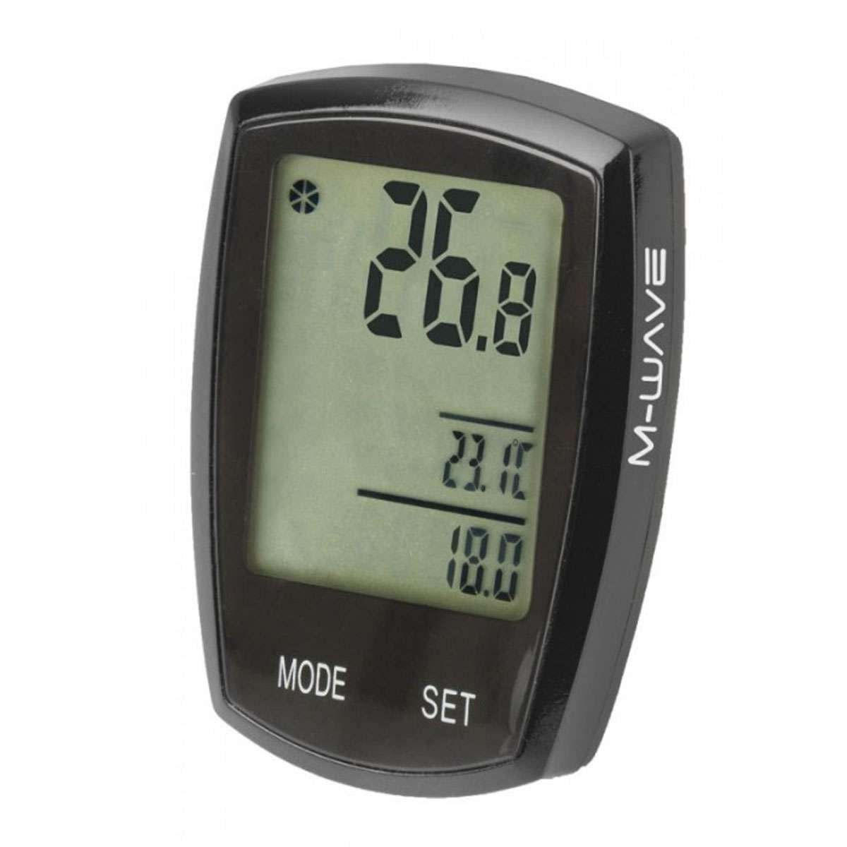 Close-up of the M-Wave M21CW Bicycle Computer display showing speed, temperature, and distance, with MODE and SET buttons at the bottom.